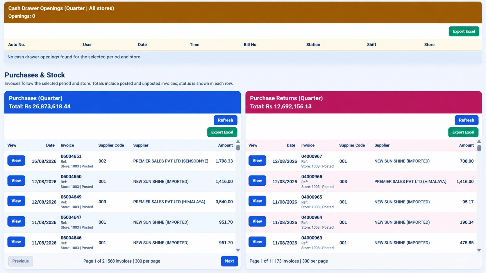 iPOS Infinity purchase invoices and purchase returns with suppliers, dates and posting status