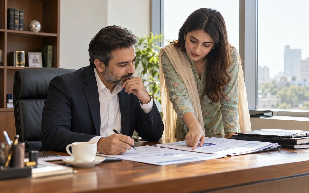 Owner and analyst discussing a printed business report at a sunlit office desk.