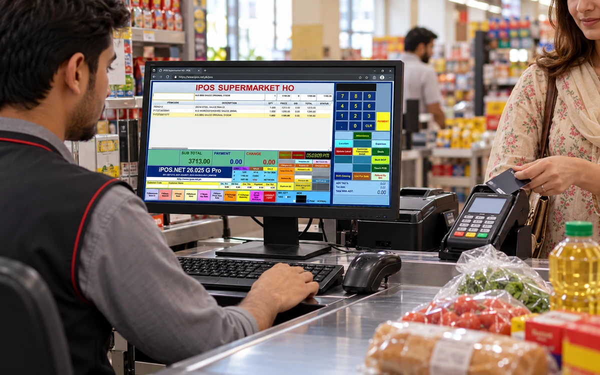 Payment terminal beside a retail checkout workstation.