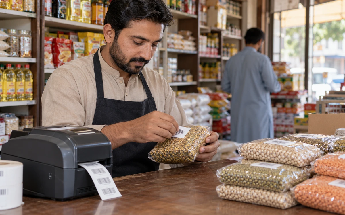 Close view of a shopkeeper applying a barcode label to a neatly arranged product.
