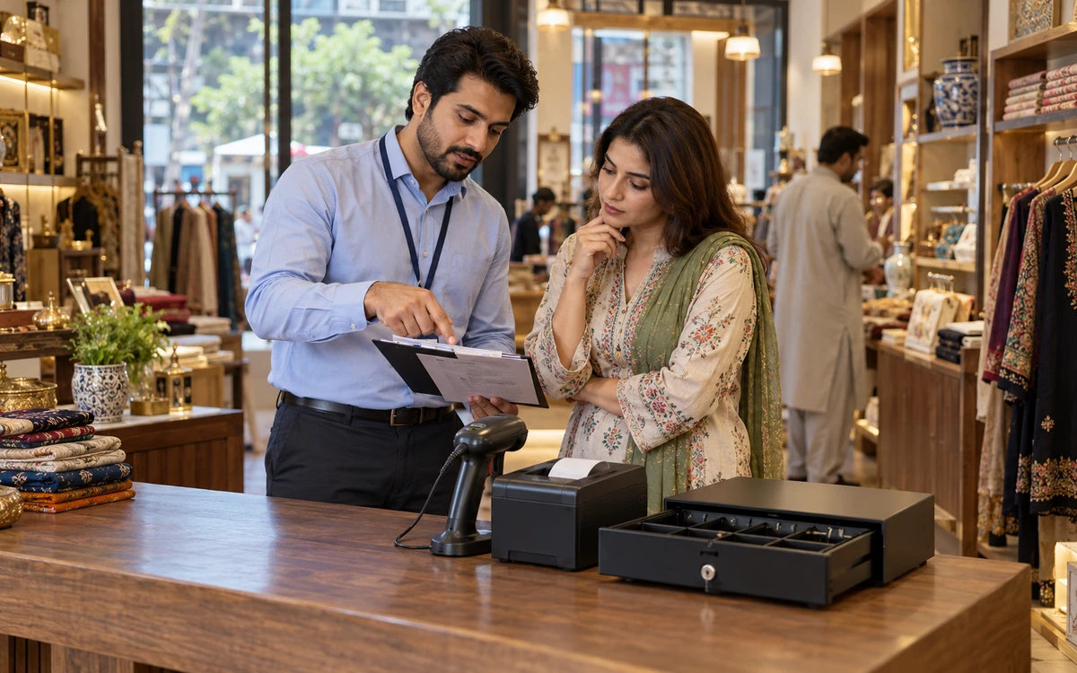 Pakistani retailer and software adviser comparing a printed requirements checklist beside physical scanner, receipt printer and cash drawer with no visible monitor.
