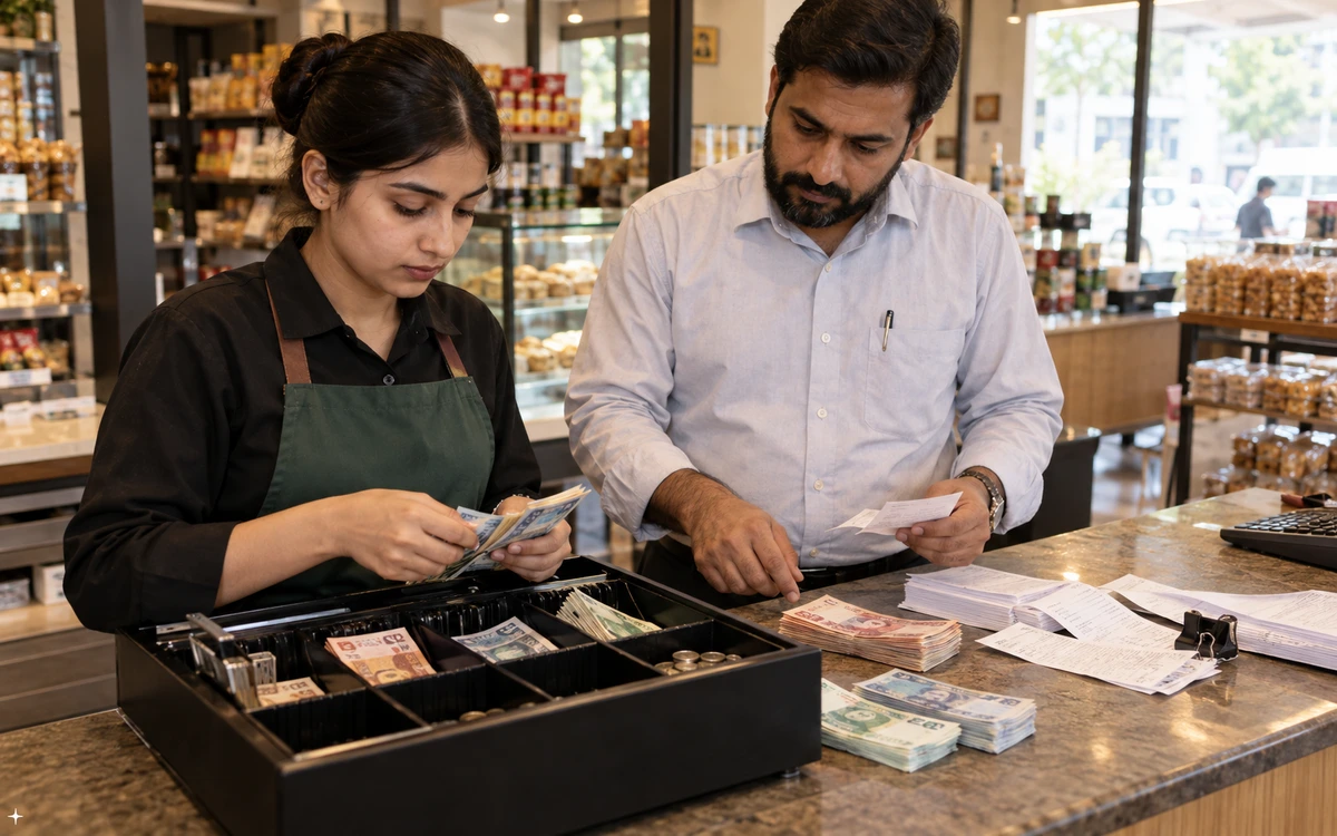 Cashier and supervisor counting a till drawer beside card-settlement slips.