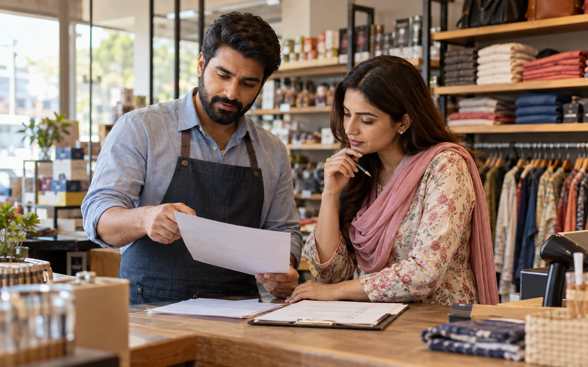 Two business owners evaluating a software proposal and checklist in a real shop.
