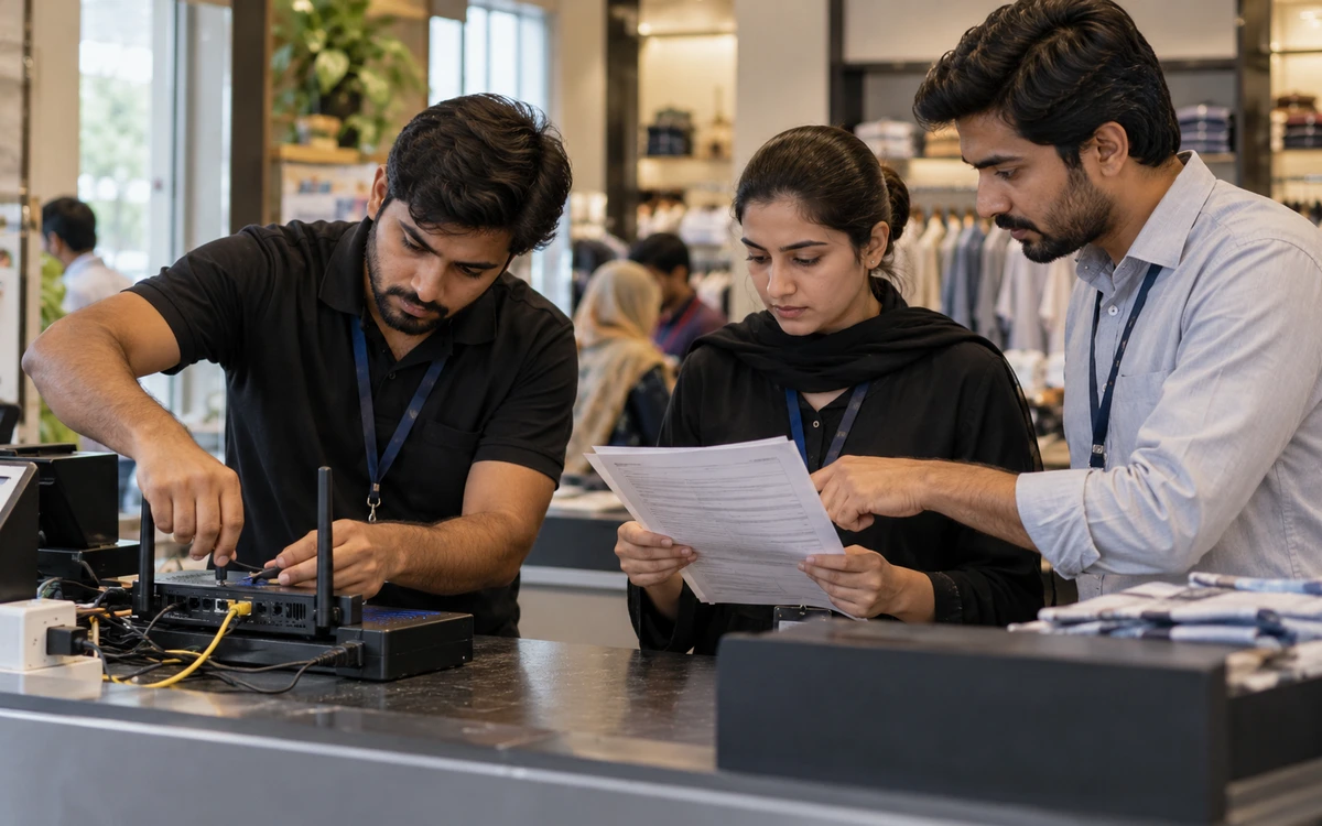 Retail technician checking a router and power cable while staff follow a printed runbook.