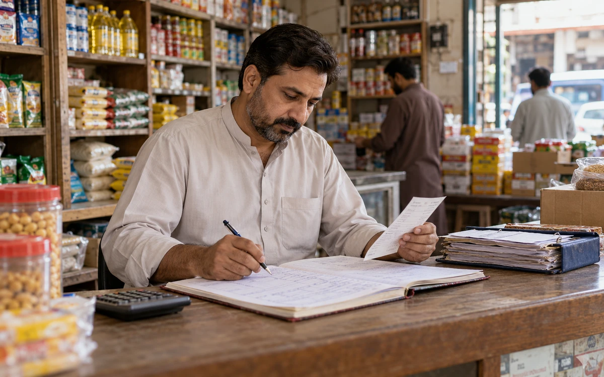 Shopkeeper reviewing a customer credit notebook and a neatly filed receipt.