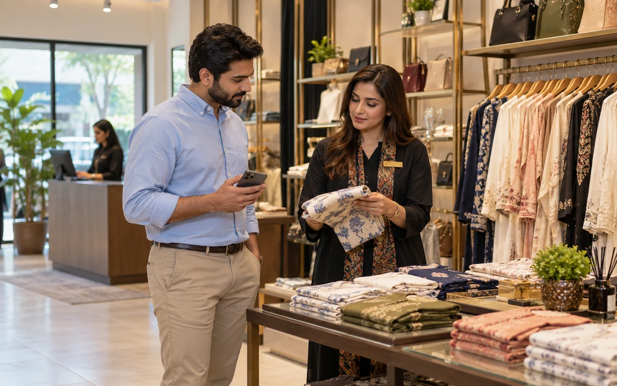 Shop customer and store assistant discussing a product collection while the customer holds a smartphone with its screen turned away.