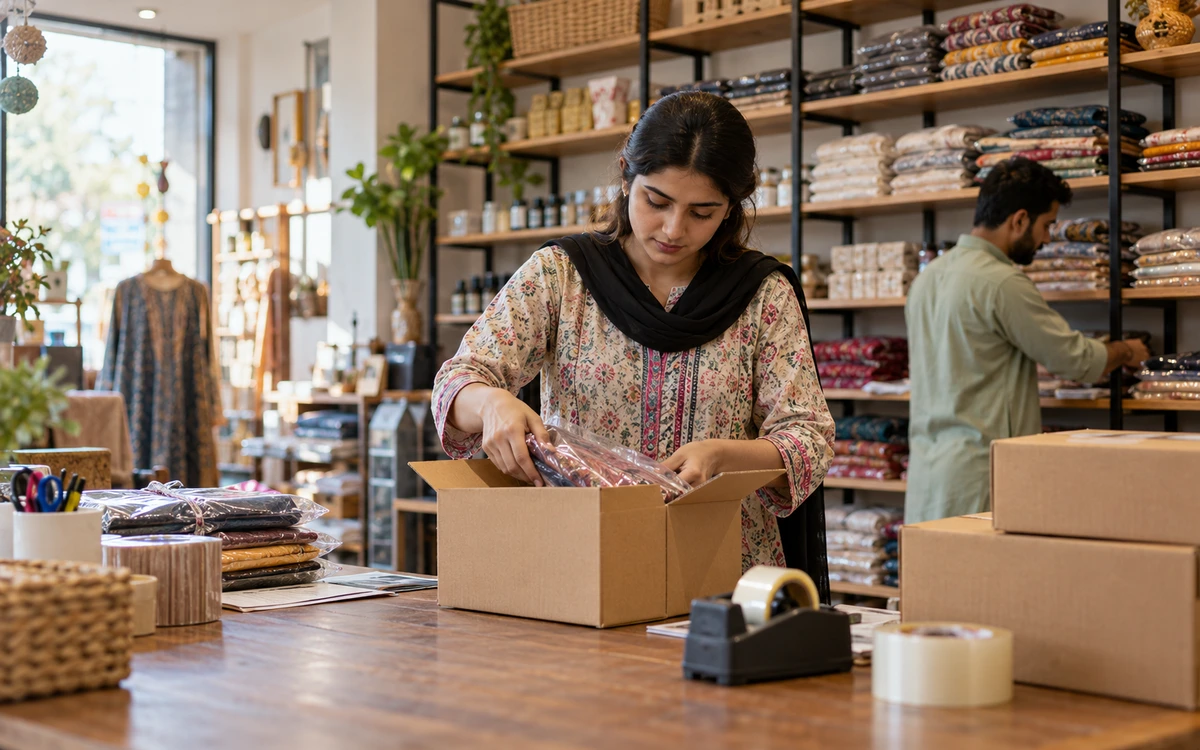 Store worker packing an online order beside stocked physical retail shelves.