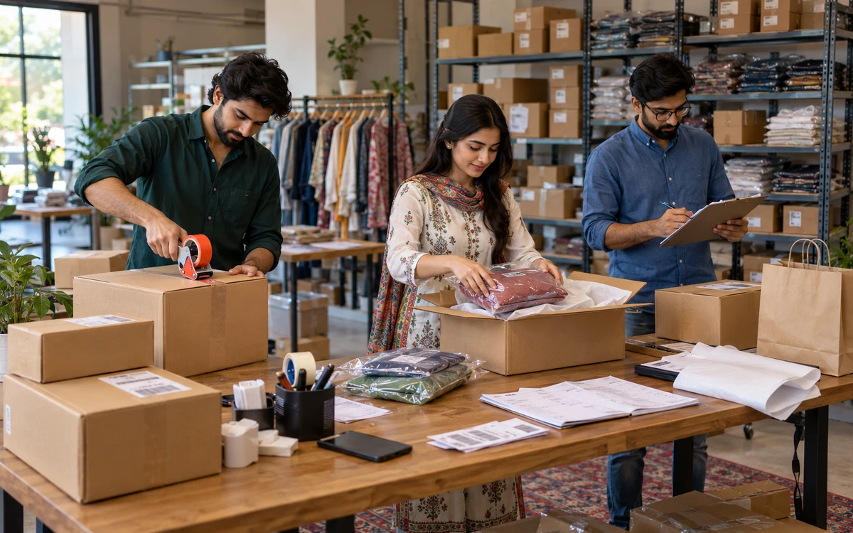 Small ecommerce team packing a real customer order beside organised stock shelves, parcels and a dispatch manifest.