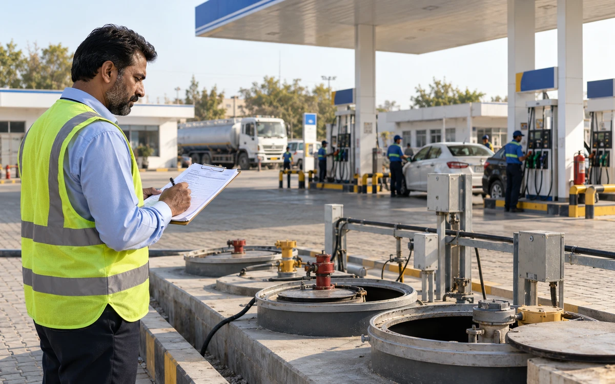 Fuel-station supervisor reviewing a forecourt with tanks and dispensers in daylight.