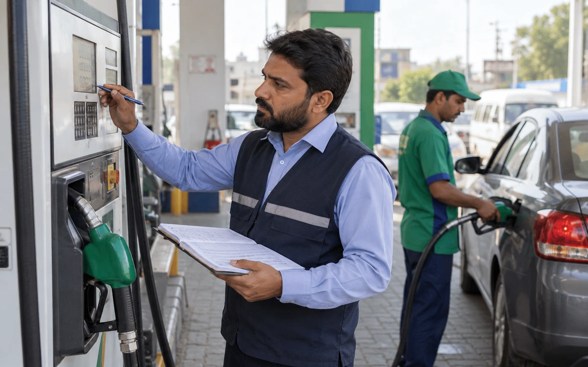 Petrol-pump supervisor checking nozzle readings and a shift ledger at the forecourt.