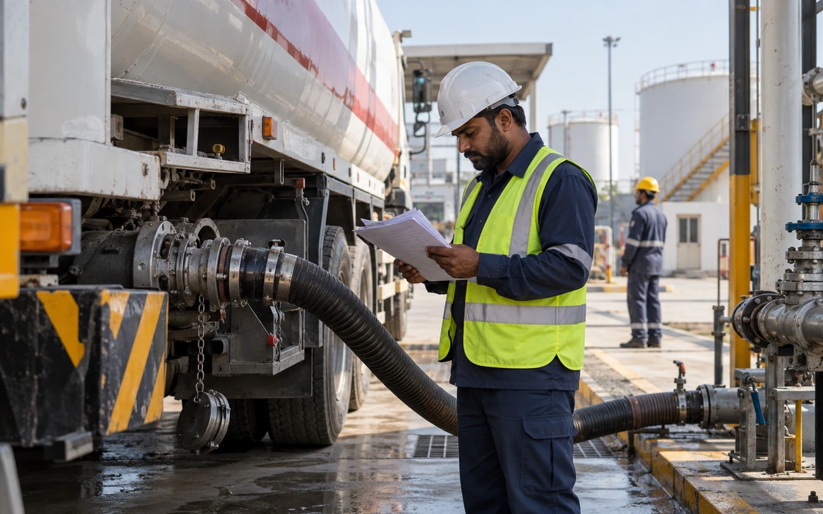Fuel receiving supervisor reviewing a tank-delivery document beside a tanker hose.