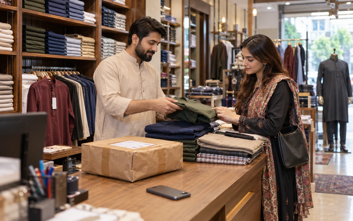 Garments shop owner and customer considering neatly arranged clothing while a packed online-order parcel sits on the counter and a phone is face down.
