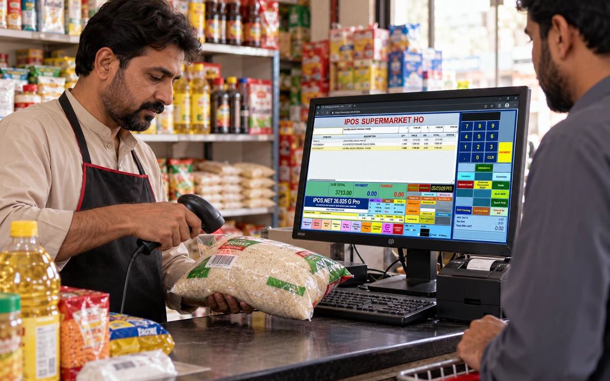 Grocery shopkeeper scanning a bag of rice at a working checkout.