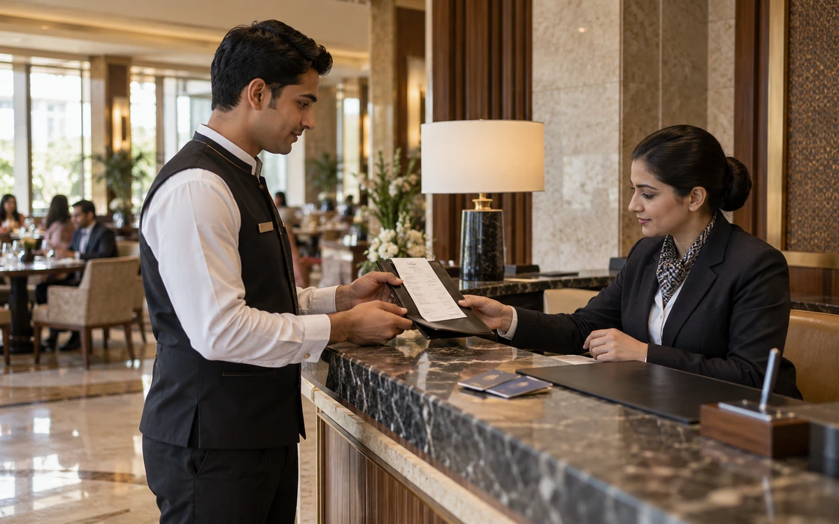 Hotel restaurant waiter presenting a bill at a reception desk with room key cards.
