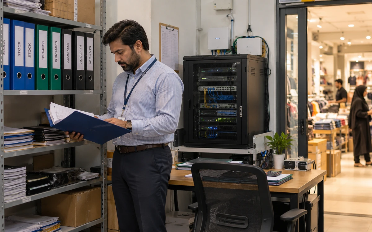 Finance supervisor reviewing stock, purchasing and accounting folders beside a compact branch server in an organised retail back office.