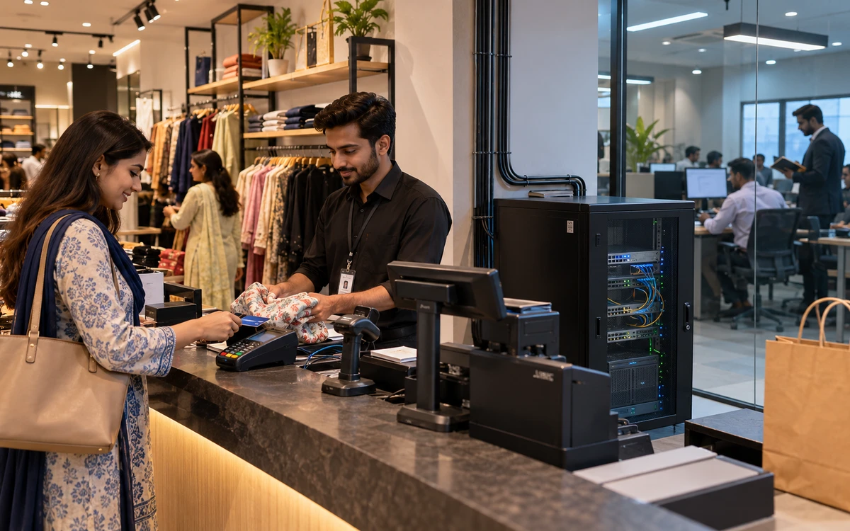 Retail checkout counter connected by tidy cables to a small local server, with a head-office operations room softly visible in the background.