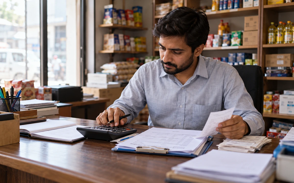 Accountant comparing a purchase invoice and a receipt with a calculator.