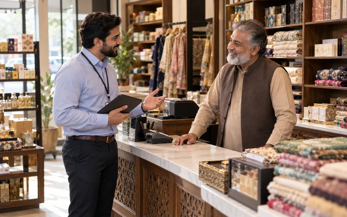 Experienced retail technology consultant and long-established shop owner in a warm professional conversation at a working retail counter, no visible software screen.