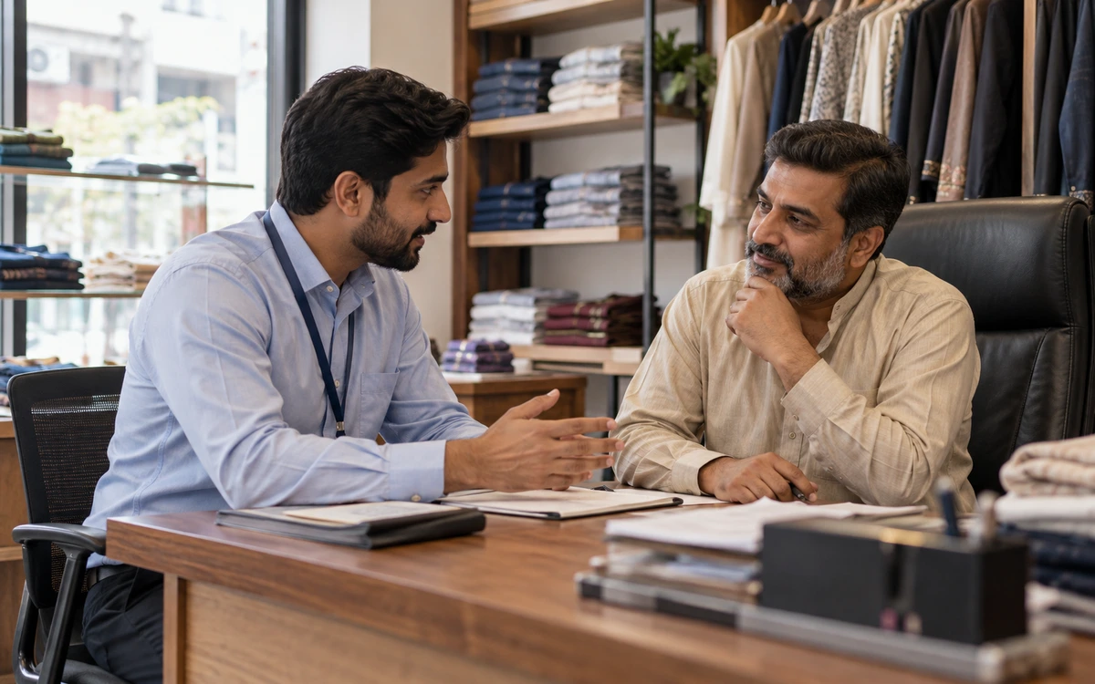 Experienced retail software adviser speaking with a shop owner in a modest office.