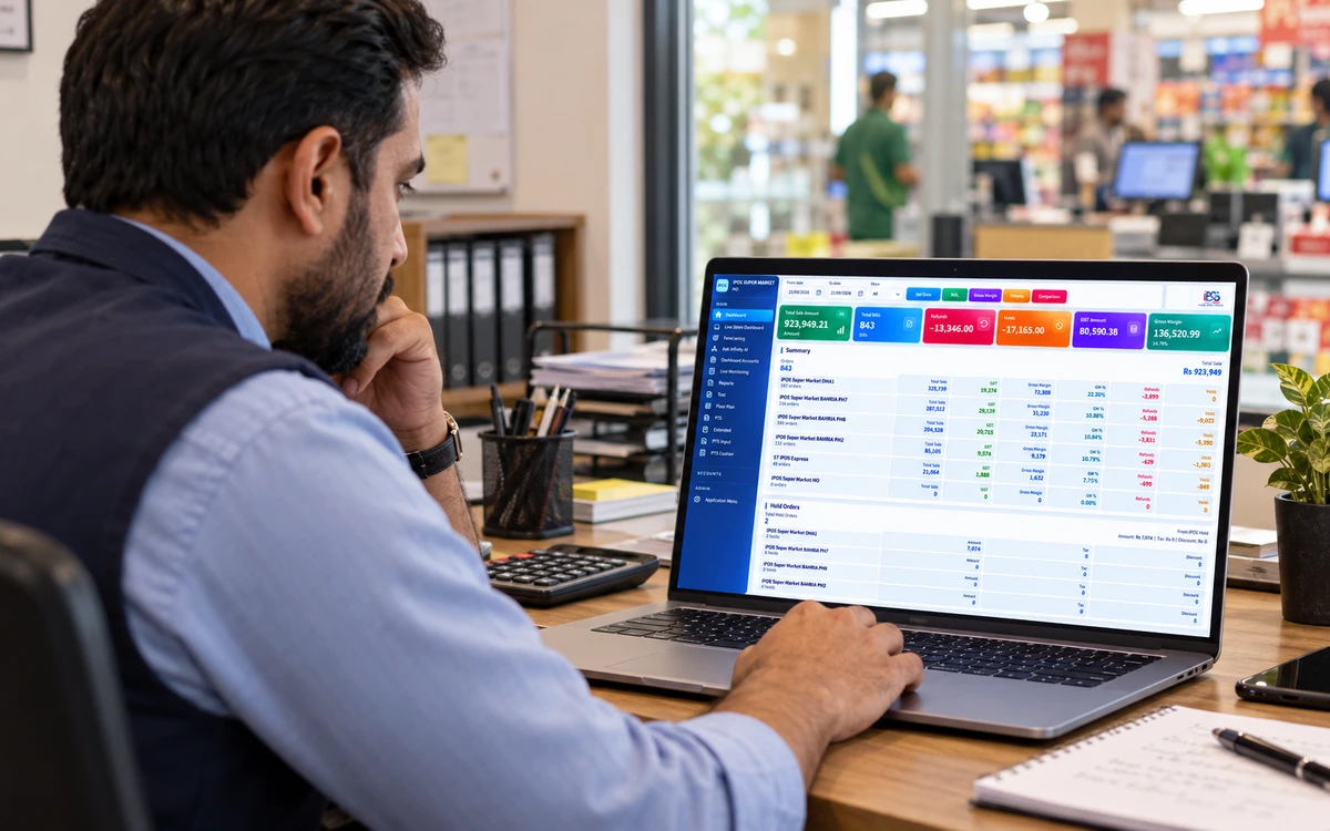 Store supervisor studying a head-office branch dashboard on a single laptop.
