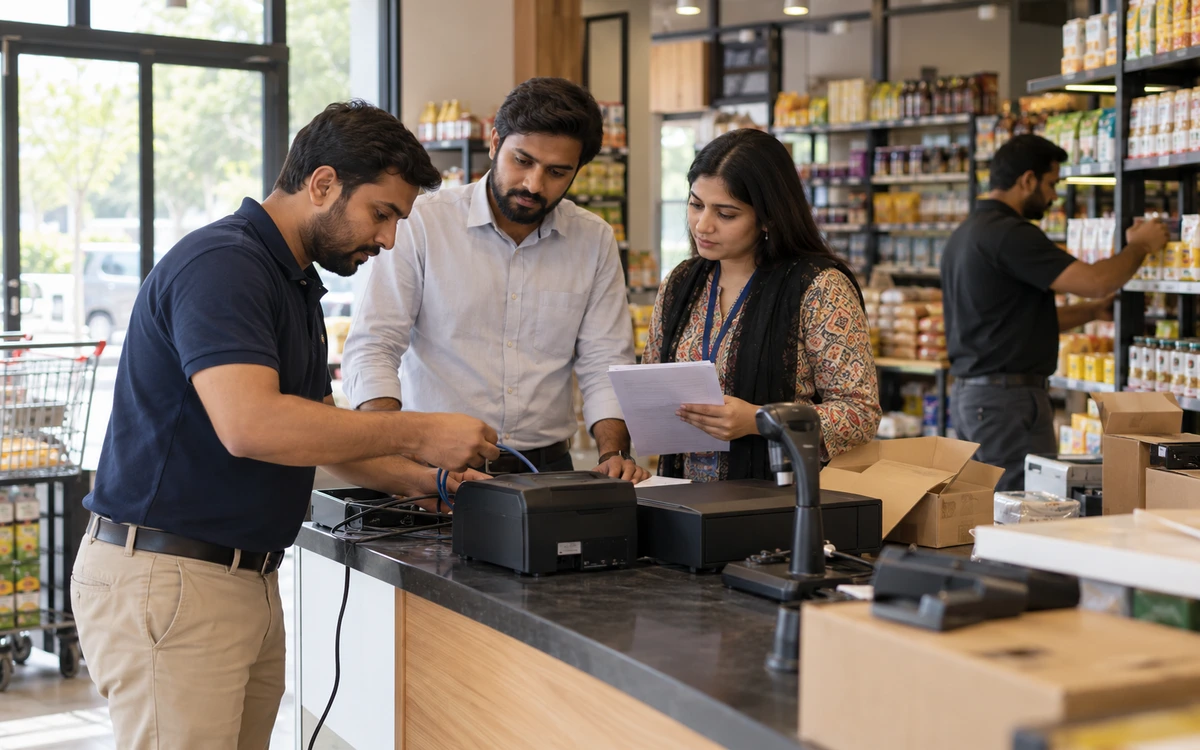 Implementation team preparing one pilot store before a multi-branch rollout.
