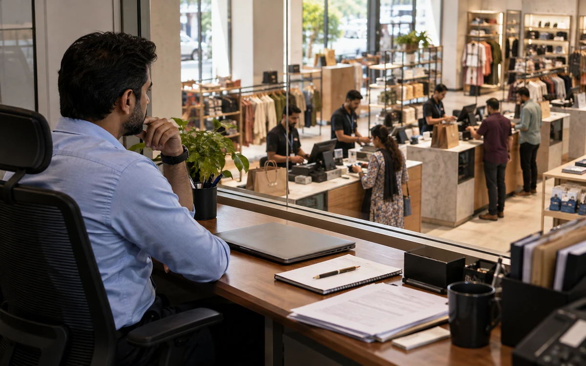 Operations manager in an office overlooking a row of retail counters.