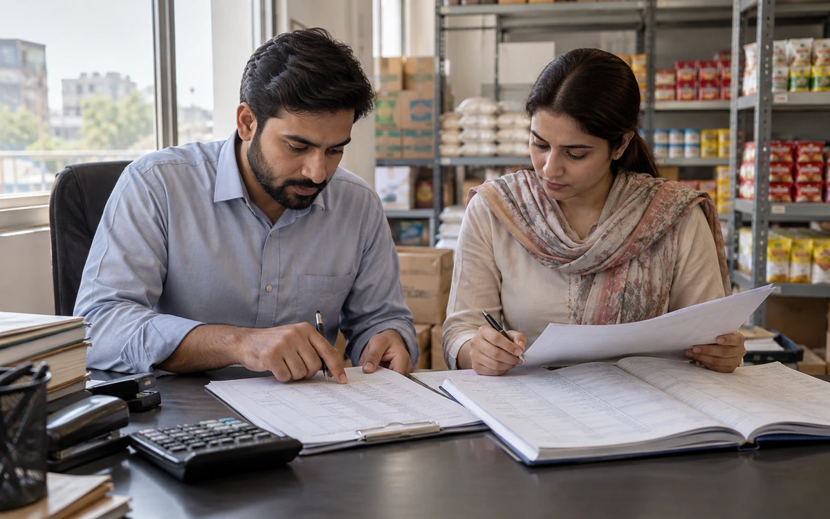 Two finance staff reconciling a signed opening-stock sheet and ledger balances.