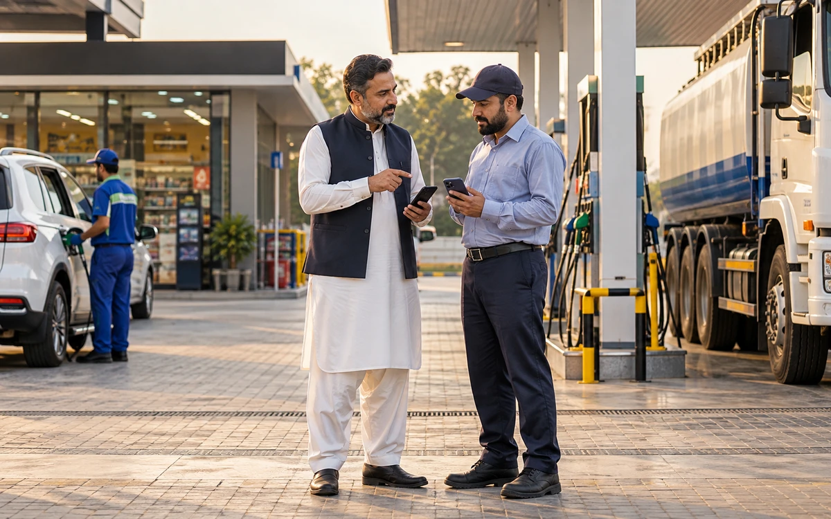 Fuel-station owner and fleet customer discussing an account at a clean forecourt, each holding a phone with no display visible.
