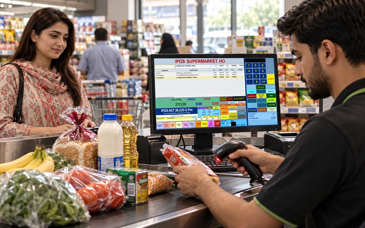 Cashier scanning a realistic mixed grocery basket during a checkout test.