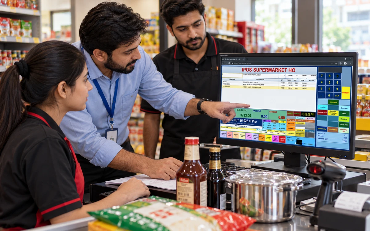 Shop staff and a software specialist rehearsing a checkout demonstration.