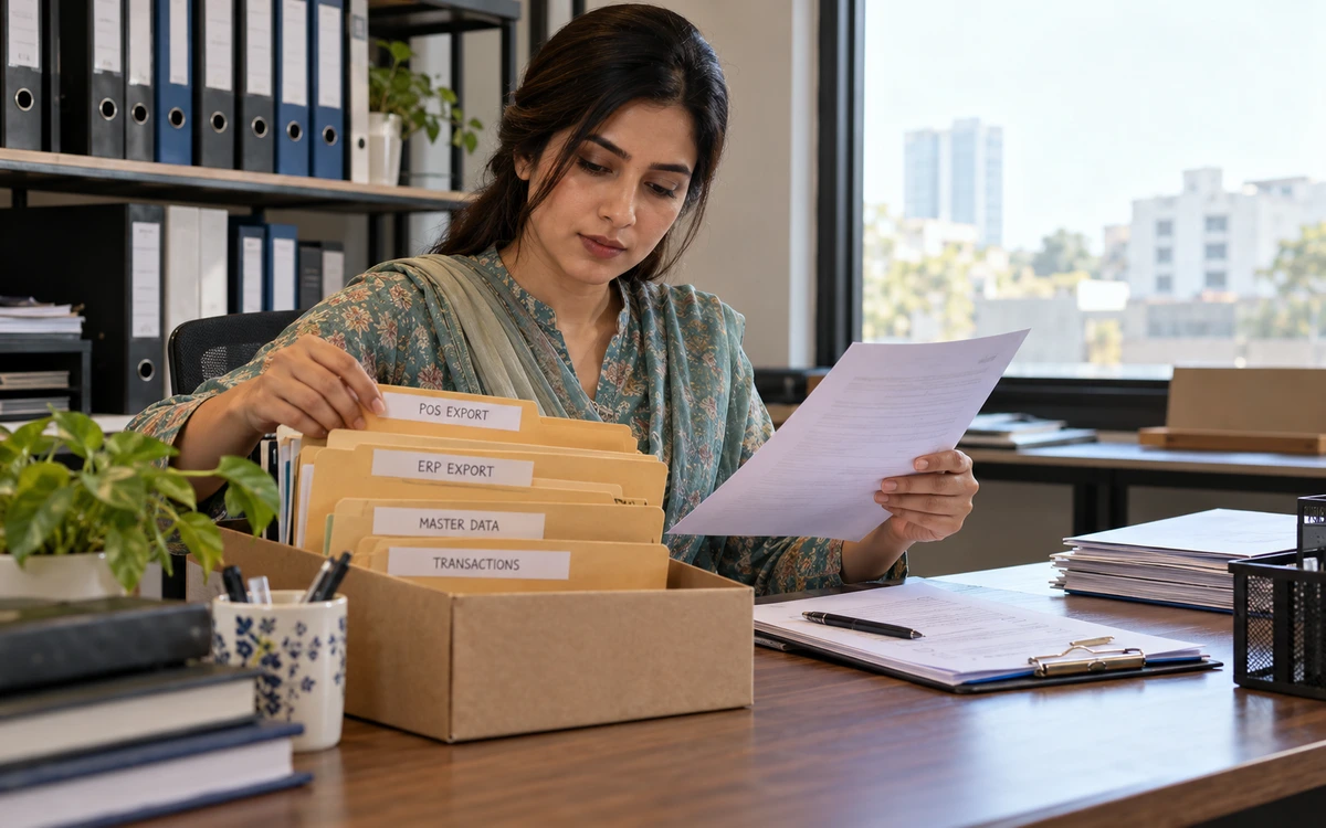 Finance administrator preparing labelled data-export folders and a handover checklist.