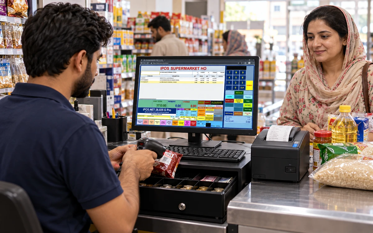 Complete practical POS counter with scanner, printer and cash drawer.