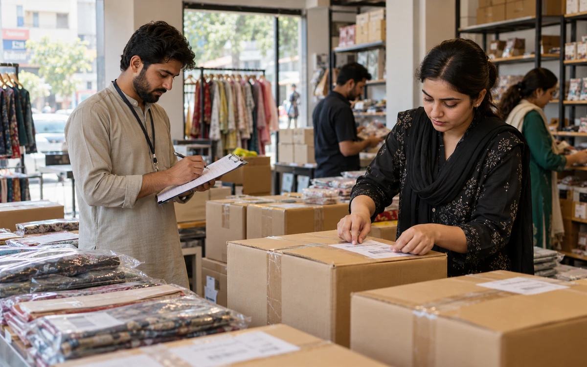 Shop team labelling cartons and checking opening stock before a new system launch.