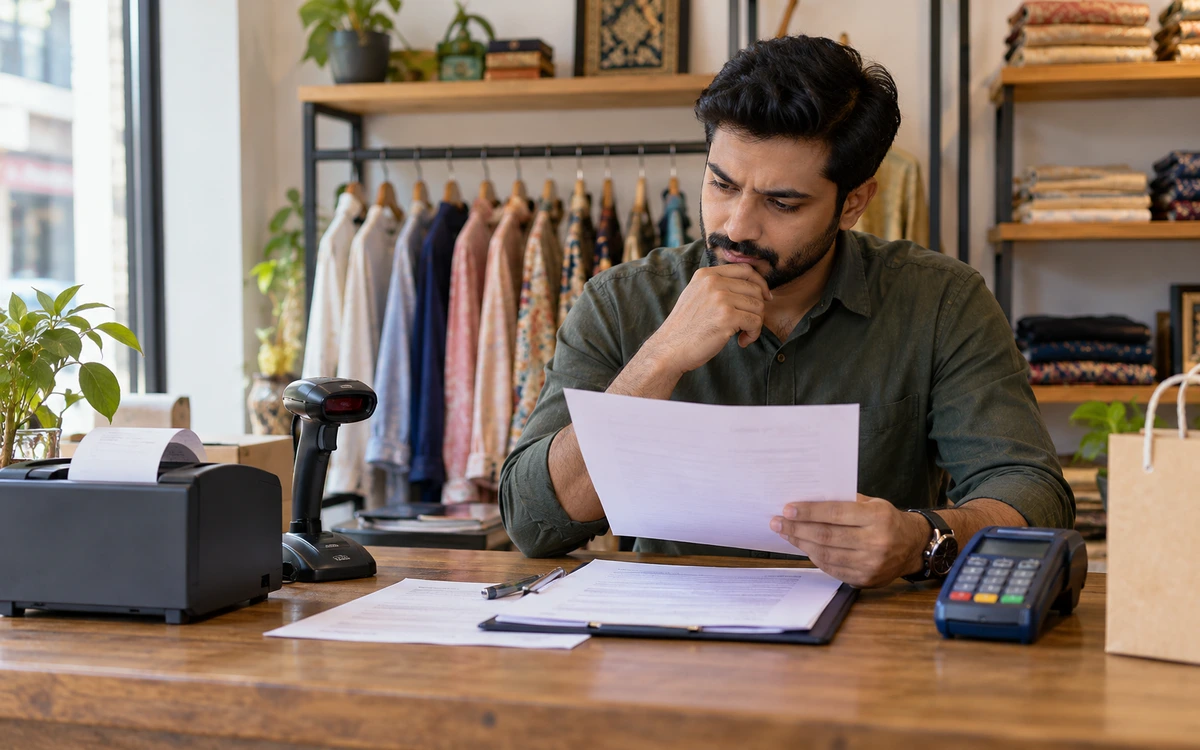 Owner reviewing an itemised proposal beside a printer, scanner and payment terminal.