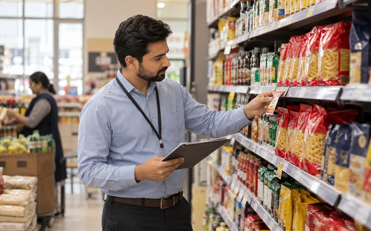 Store manager reviewing a promotional shelf label beside matching products.