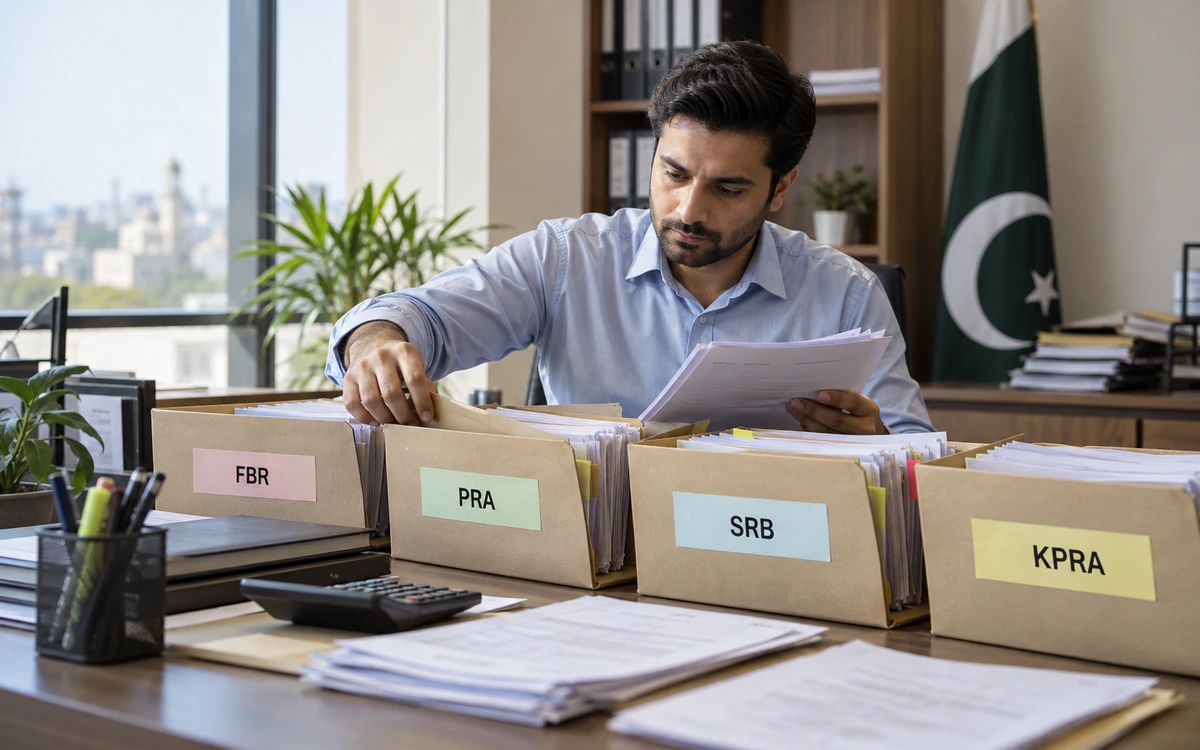 Business administrator sorting branch-labelled invoice folders on a desk.