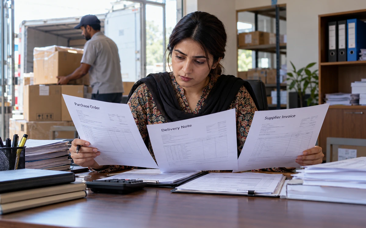 Purchasing clerk matching a purchase order, delivery note and supplier invoice.