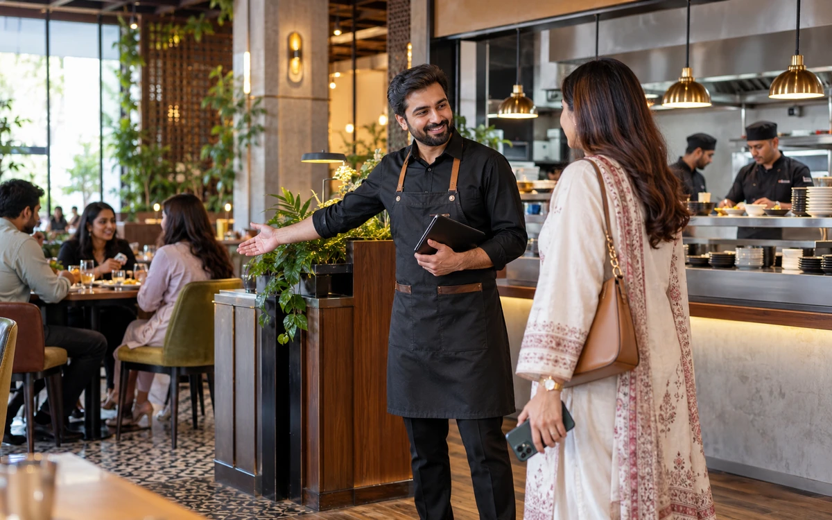 Restaurant manager greeting a guest who holds a phone face away, with a real dining area and kitchen pass in the background.