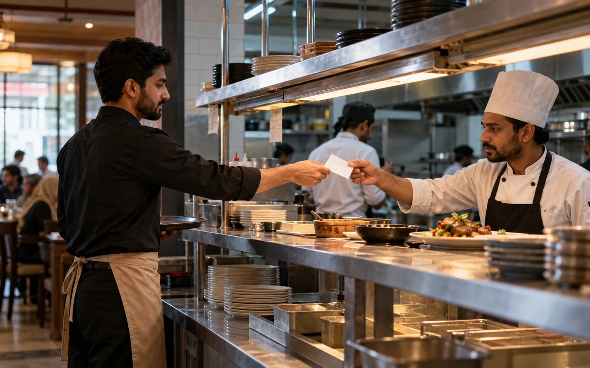 Restaurant waiter handing a printed order ticket to a chef across a kitchen pass.