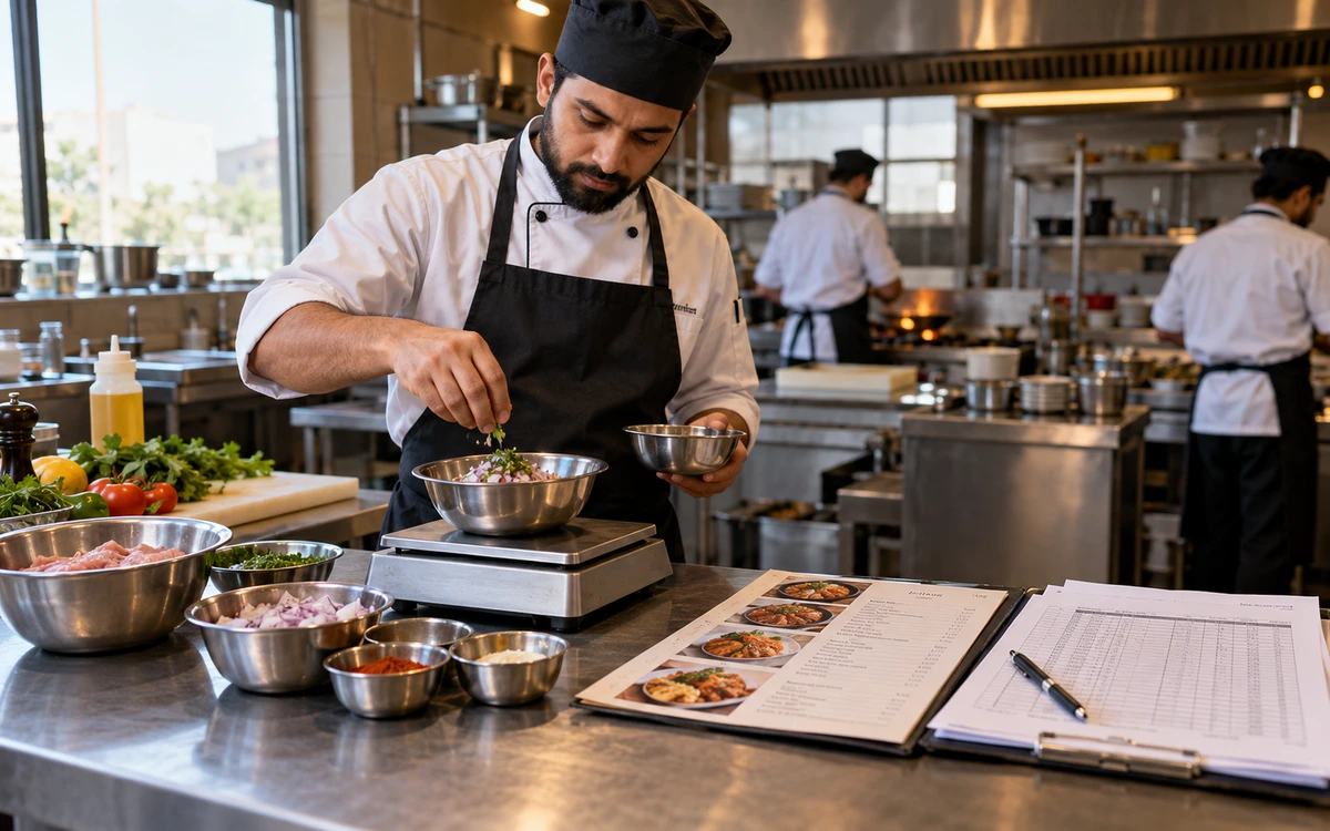 Chef weighing recipe ingredients beside a restaurant menu and cost sheet.