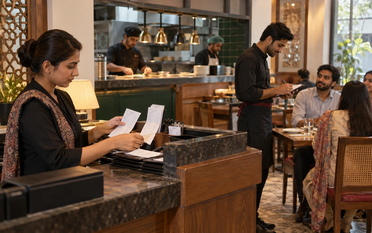 Restaurant cashier organising two separate bills while a waiter collects an order.