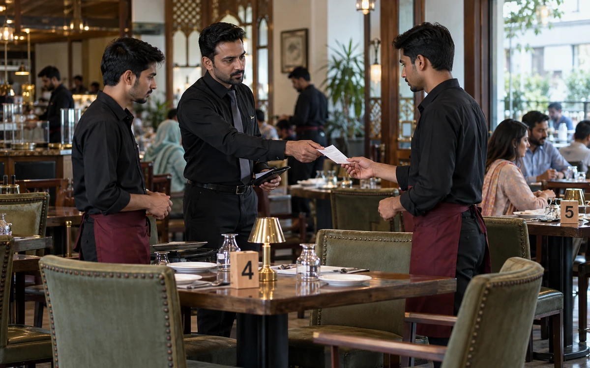Restaurant supervisor handing an order ticket between two waiters beside numbered tables.
