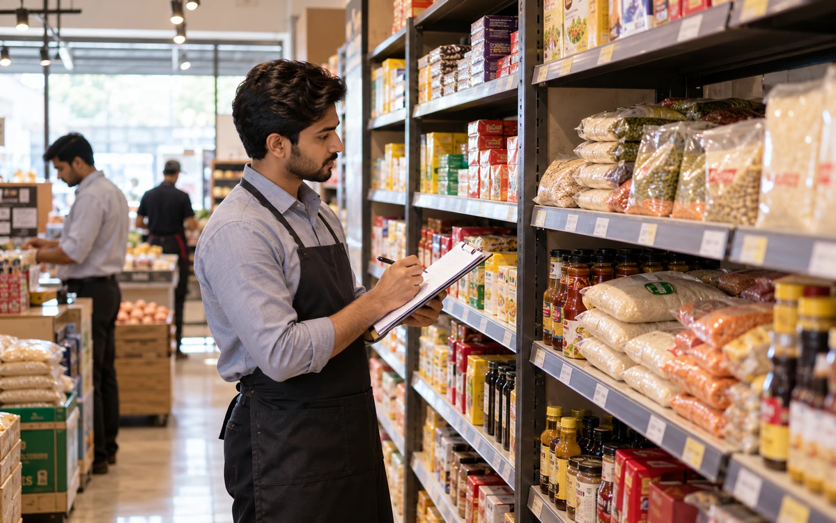 Stock controller counting products on well-organised shelves in a real store.