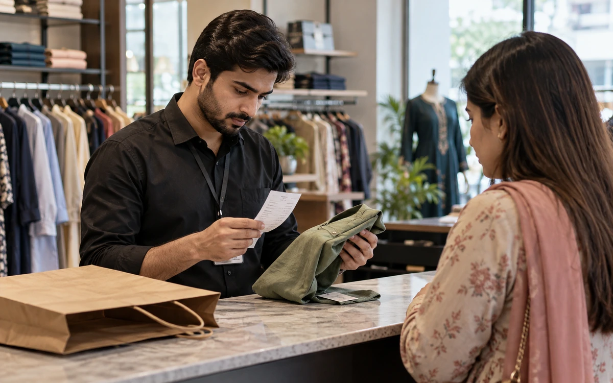 Shop assistant examining a returned product beside its original receipt.