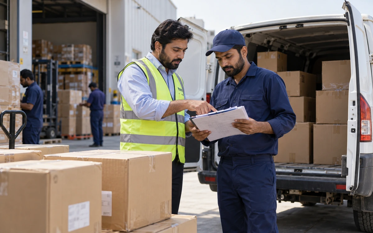 Warehouse dispatcher and receiver checking a carton manifest beside a delivery van.