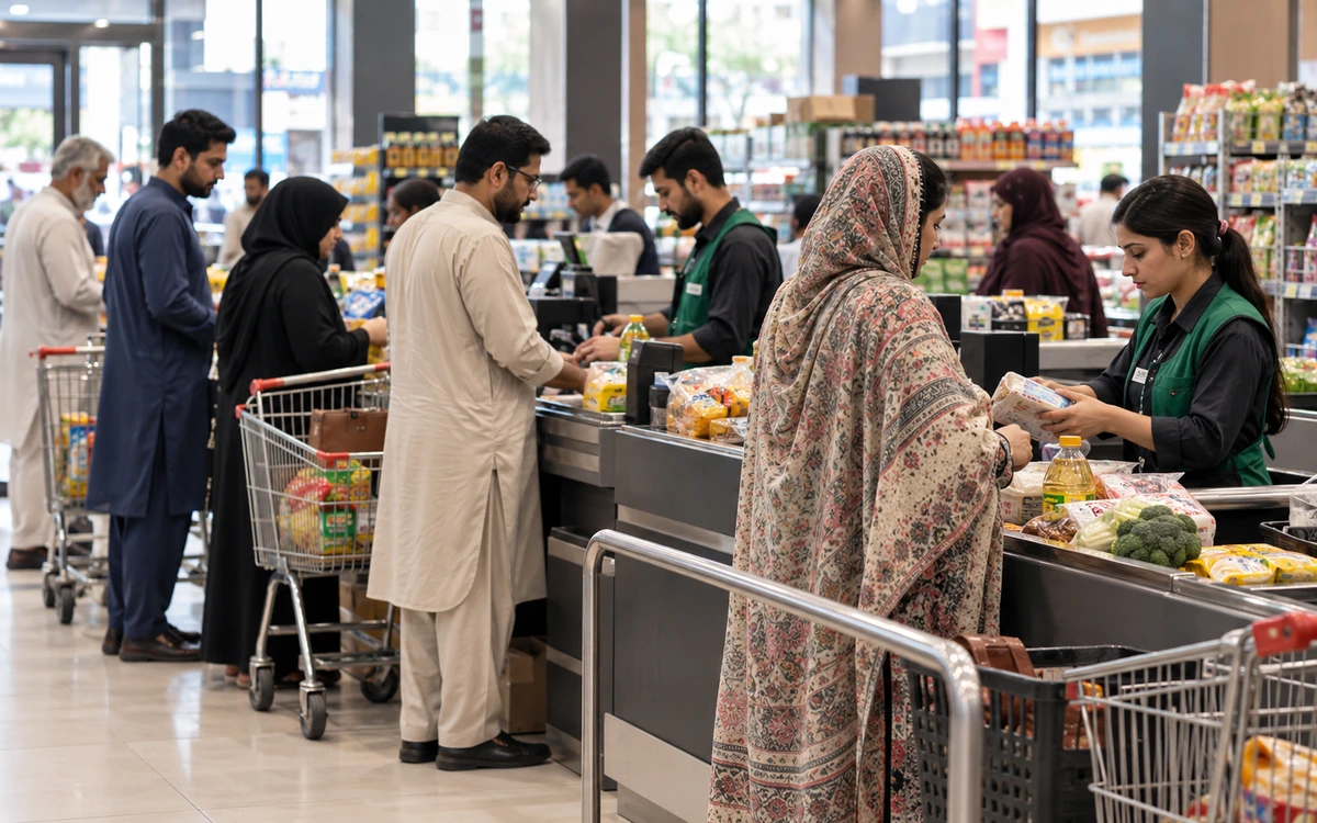 Busy but orderly supermarket checkout lanes with cashiers and shopping baskets.