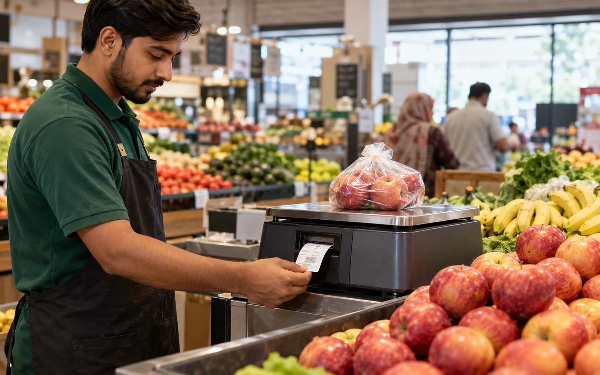 Grocery scale printing a weighed-product barcode label beside fresh produce.