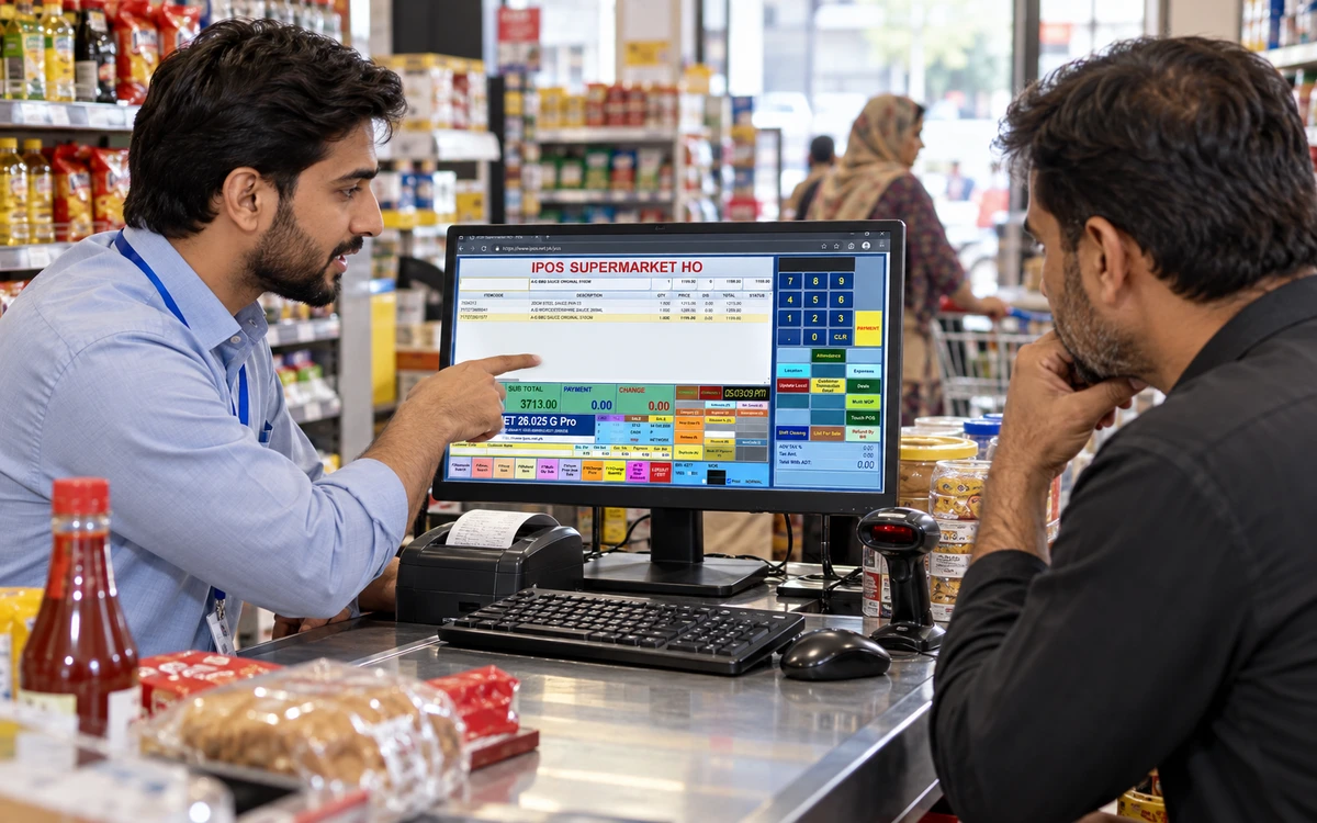 Retail software consultant meeting a retailer at a working checkout.