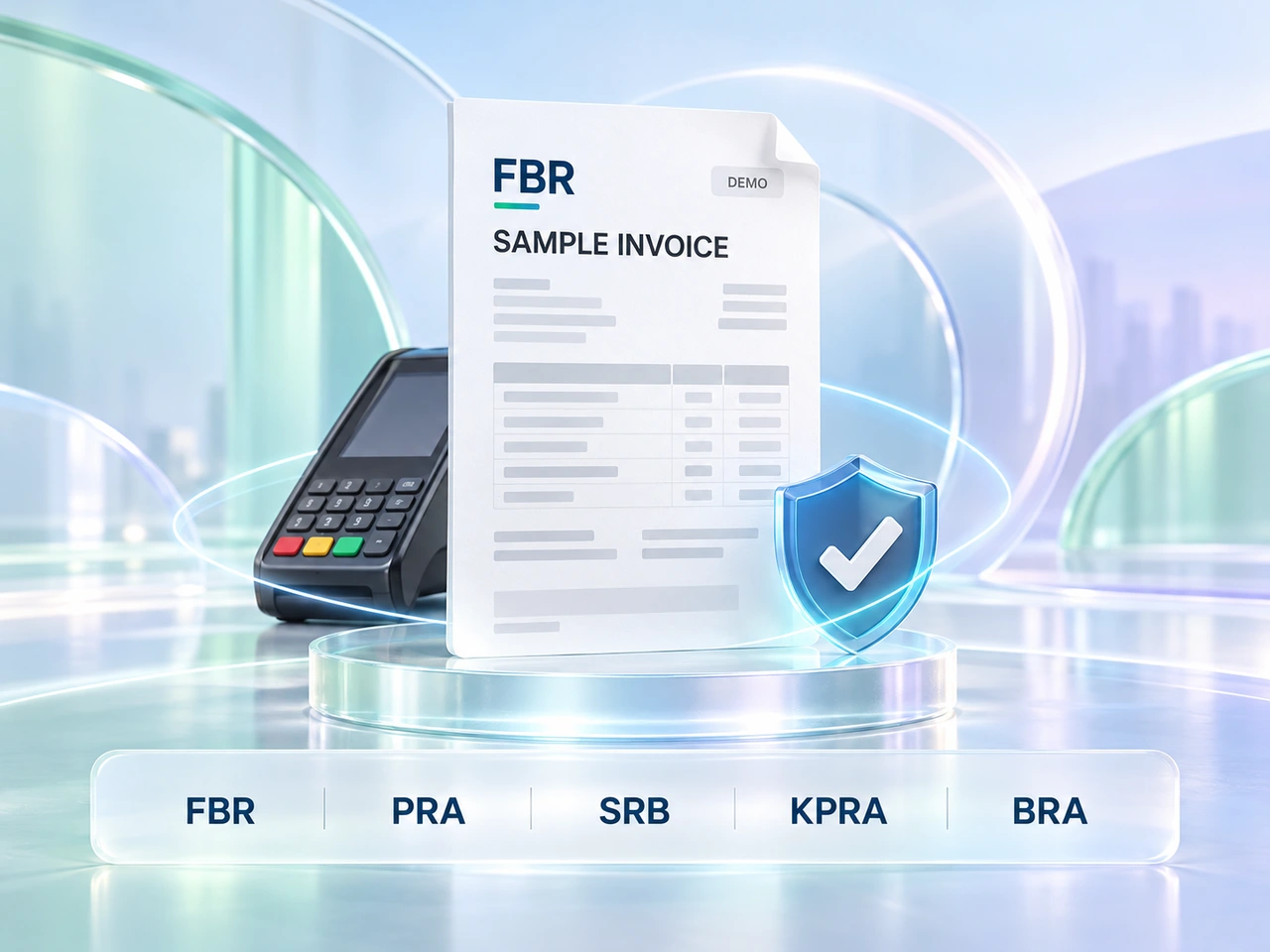 Sample digital invoice with a blue verification shield and FBR, PRA, SRB, KPRA and BRA labels, presented as demo artwork