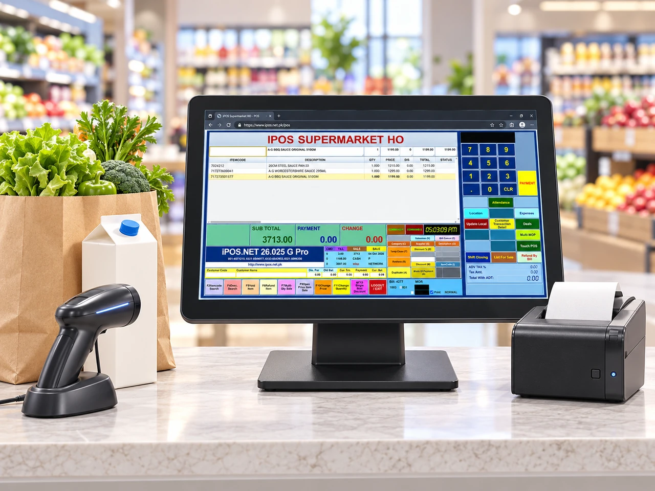 iPOS grocery checkout beside groceries, barcode scanner and receipt printer